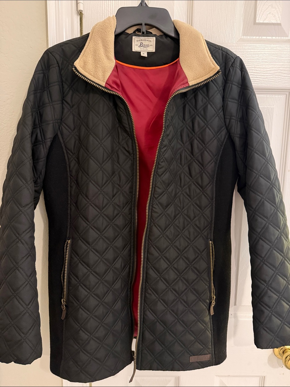 Bass Black Quilted Coat with Tan Collar and Red Lining